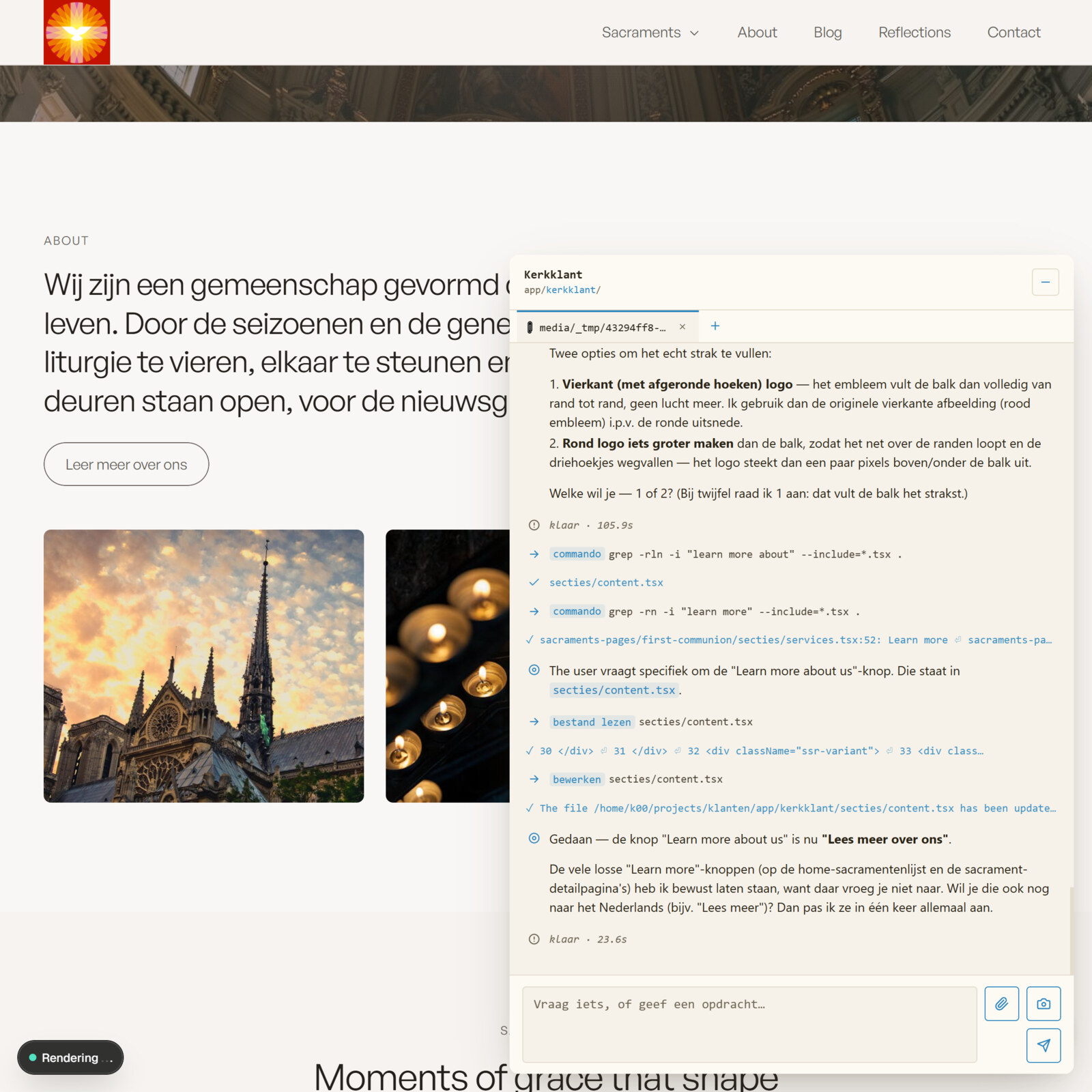 Een klantsite in aanbouw op een afgeschermd adres, met de chatbox open