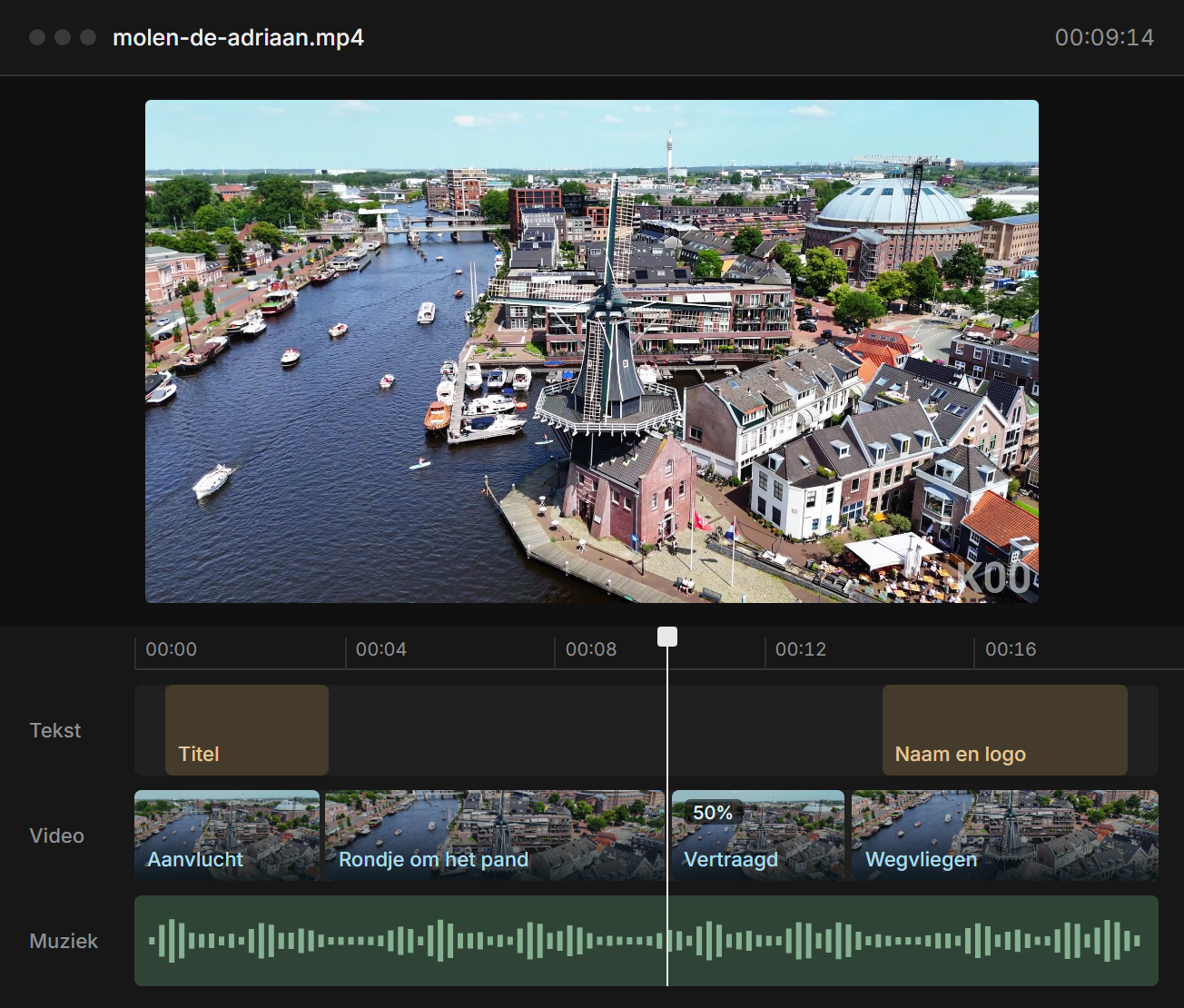 De vlucht open in een montageprogramma, met de clips en een muziekspoor onder elkaar