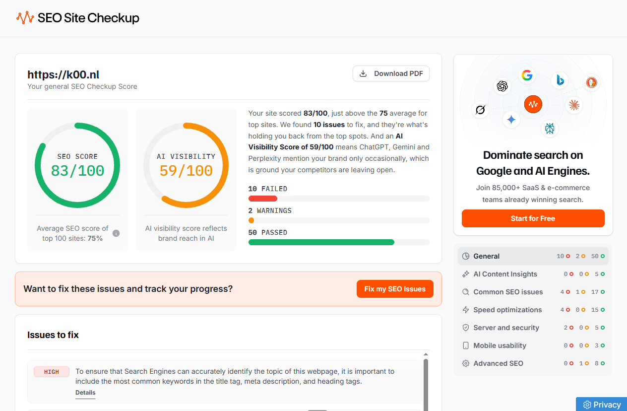 Een scan van k00.nl met een SEO score van 83 en een AI zichtbaarheid van 59