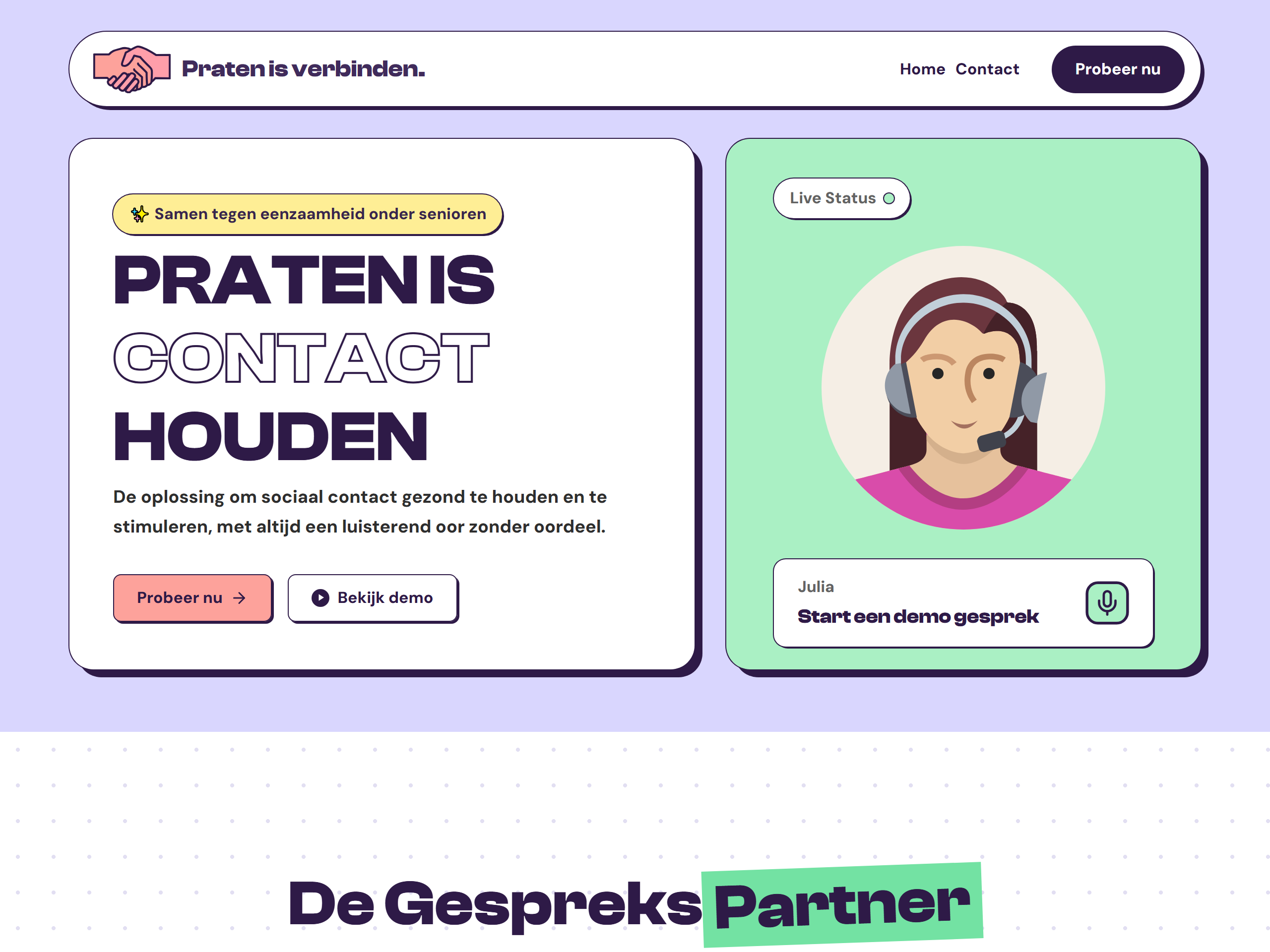 De homepage van Praten is Verbinden, website gemaakt door K00